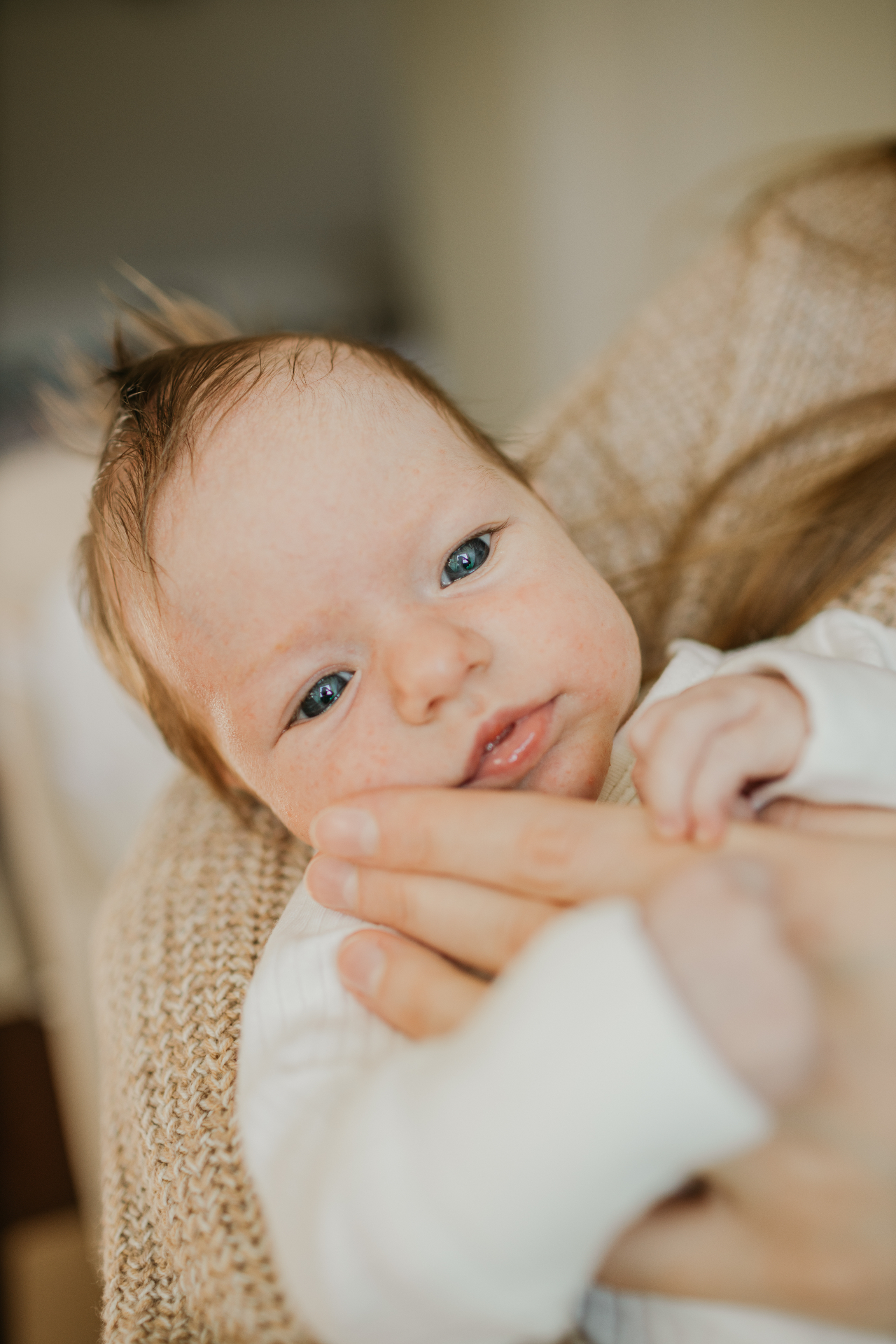 Bright-eyed newborn close-up cradled in mother's arms — natural light newborn portrait